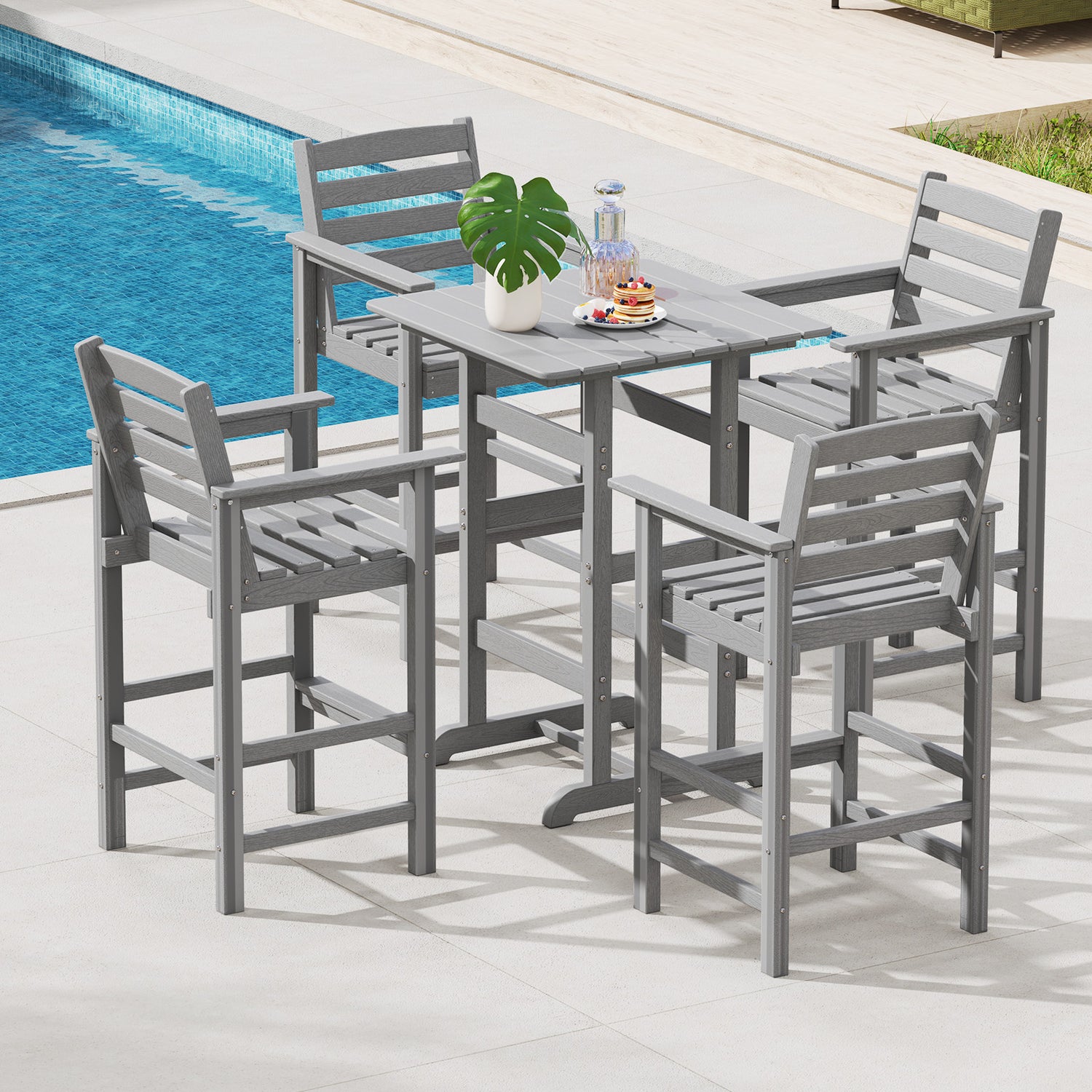 30 Inch Square Bar Table Dining Table with Slatted Tabletop for Poolside