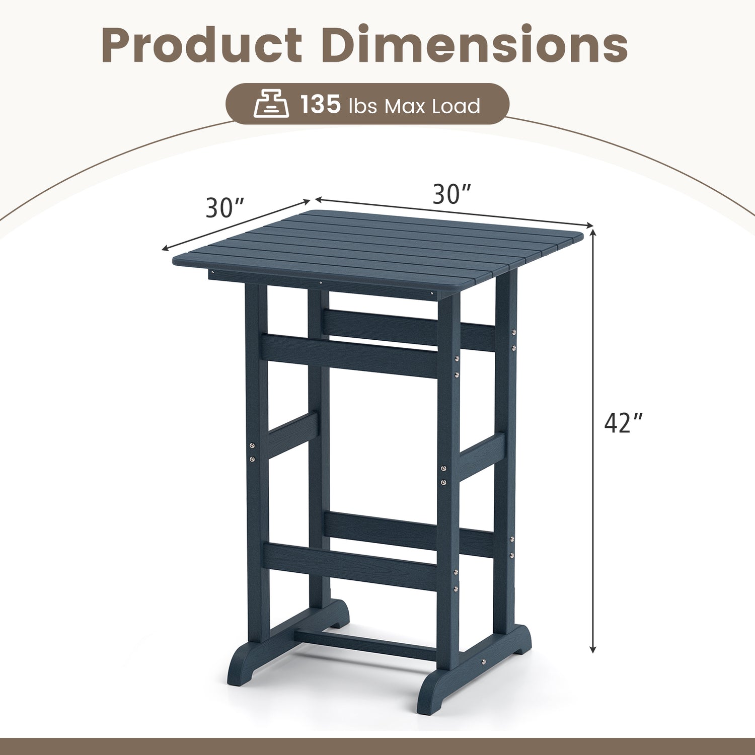 30 Inch Square Bar Table Dining Table with Slatted Tabletop for Poolside
