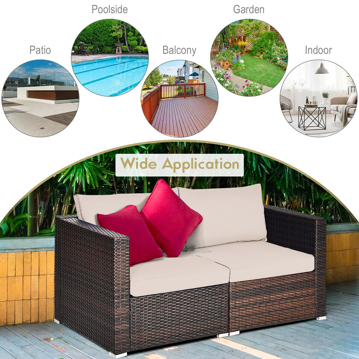 2PCS Patio Rattan Sectional Conversation Sofa Set