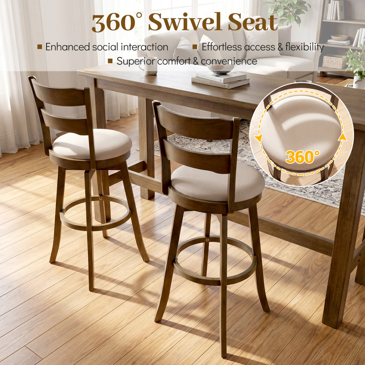 Swivel Barstools with Backrest & Upholstered Seat-Set of 2/4
