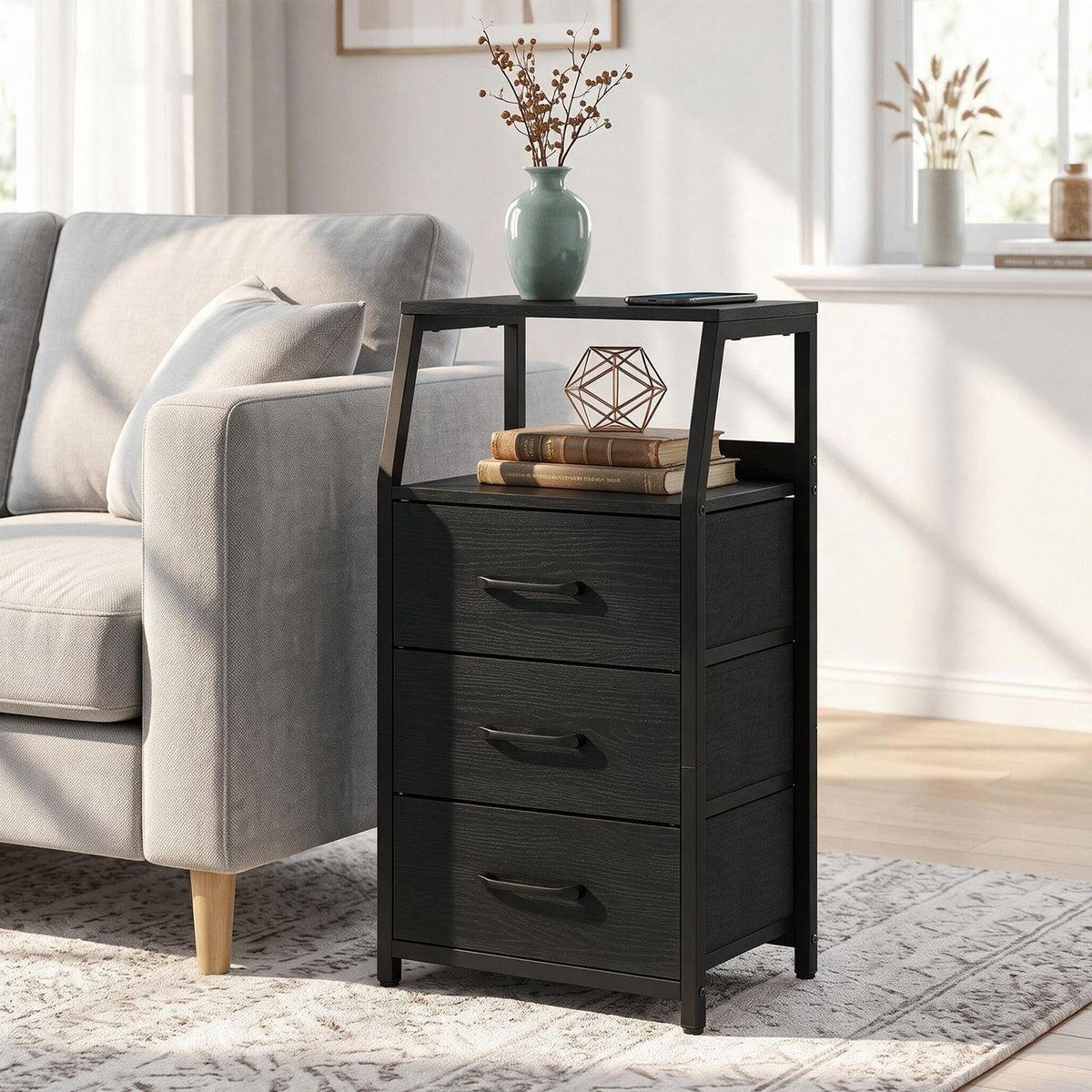 30.5 Inch Tall Nightstand with 3 Fabric Drawers and 2 Spacious Open Shelves