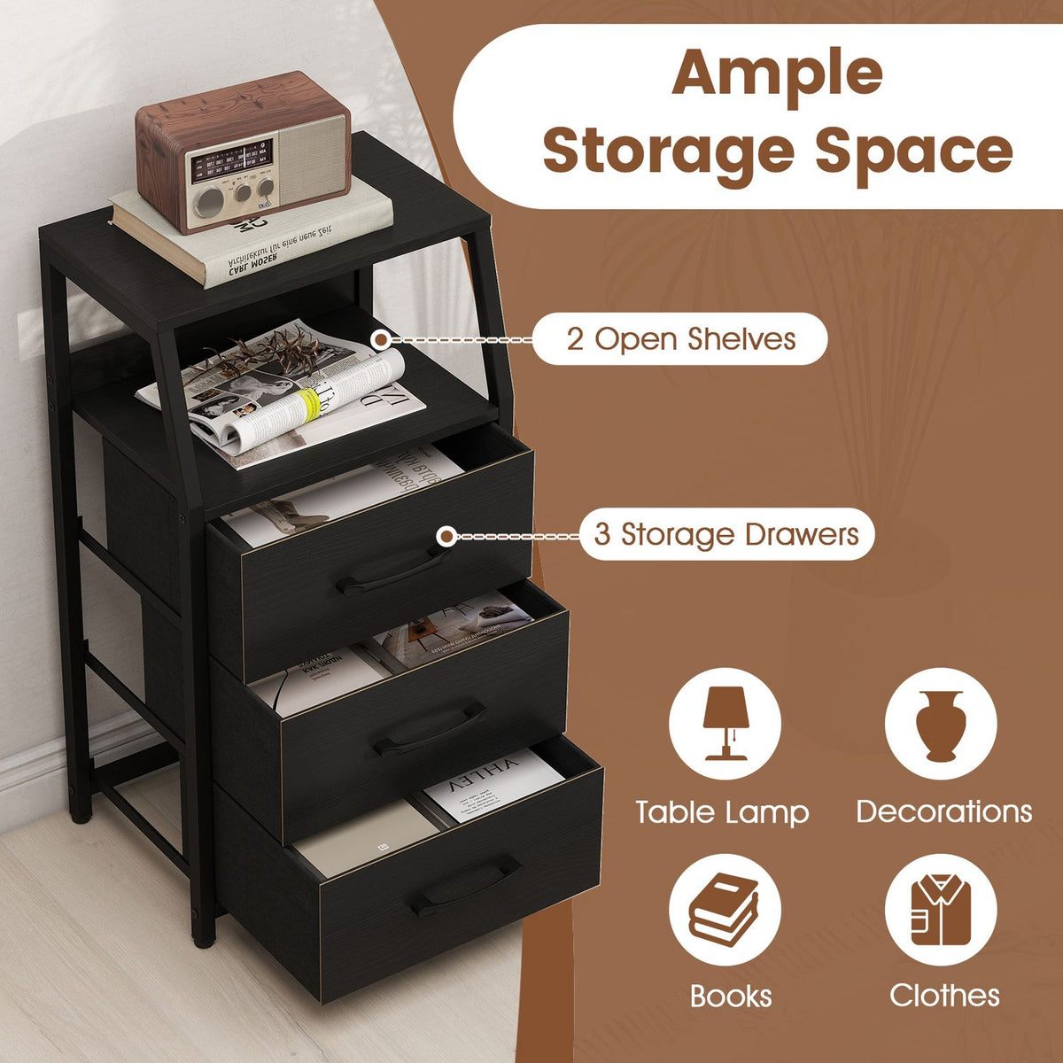 30.5 Inch Tall Nightstand with 3 Fabric Drawers and 2 Spacious Open Shelves