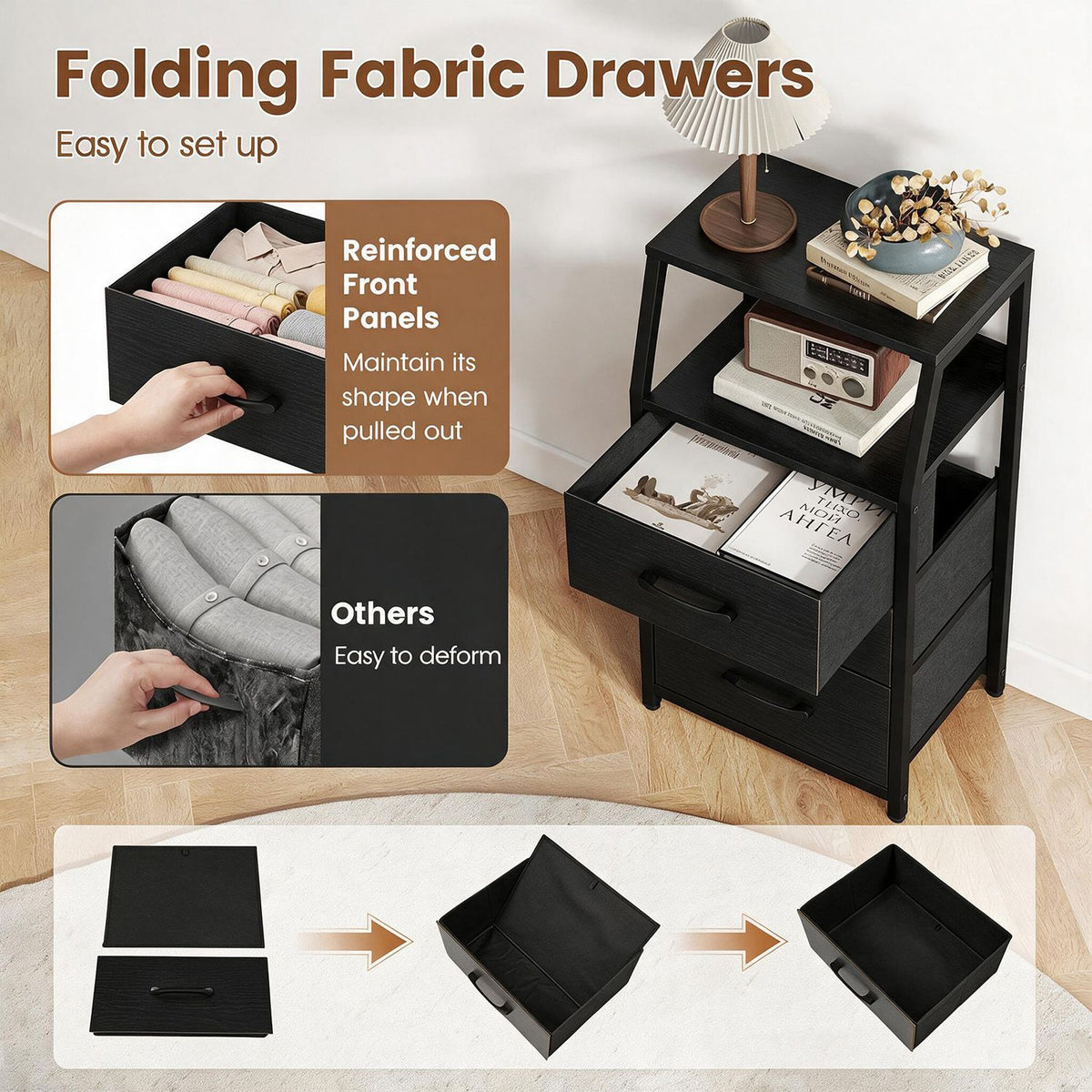 30.5 Inch Tall Nightstand with 3 Fabric Drawers and 2 Spacious Open Shelves