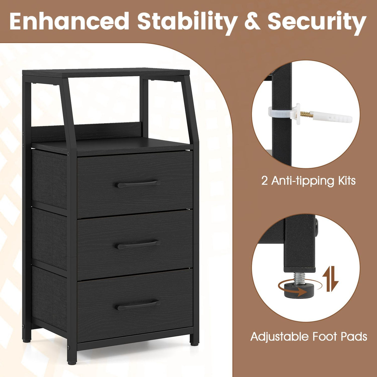 30.5 Inch Tall Nightstand with 3 Fabric Drawers and 2 Spacious Open Shelves