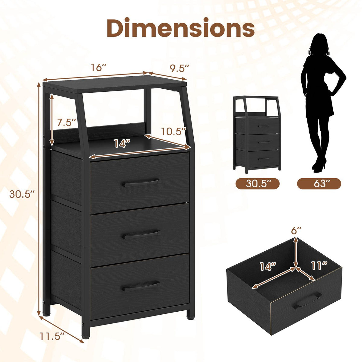 30.5 Inch Tall Nightstand with 3 Fabric Drawers and 2 Spacious Open Shelves