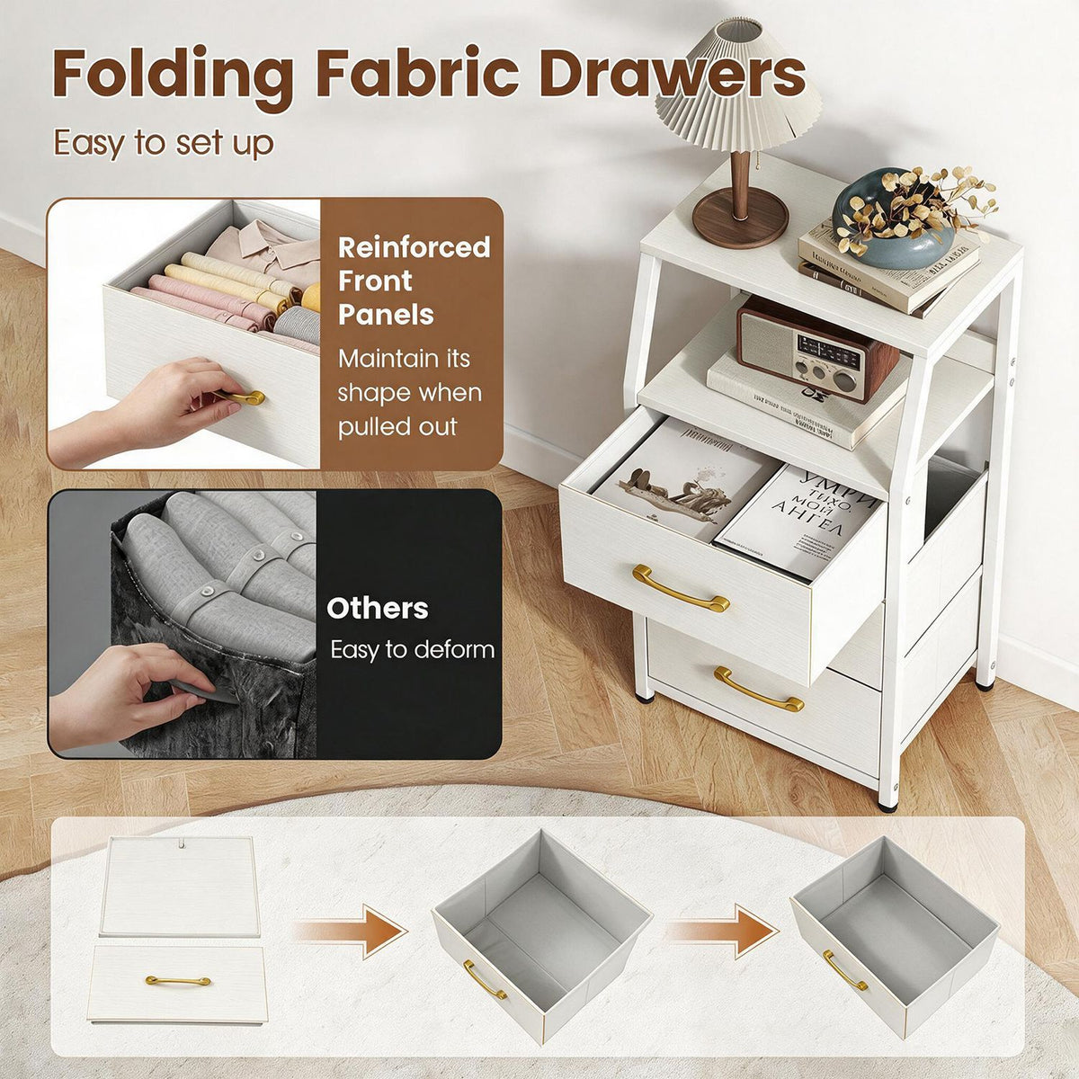 30.5 Inch Tall Nightstand with 3 Fabric Drawers and 2 Spacious Open Shelves