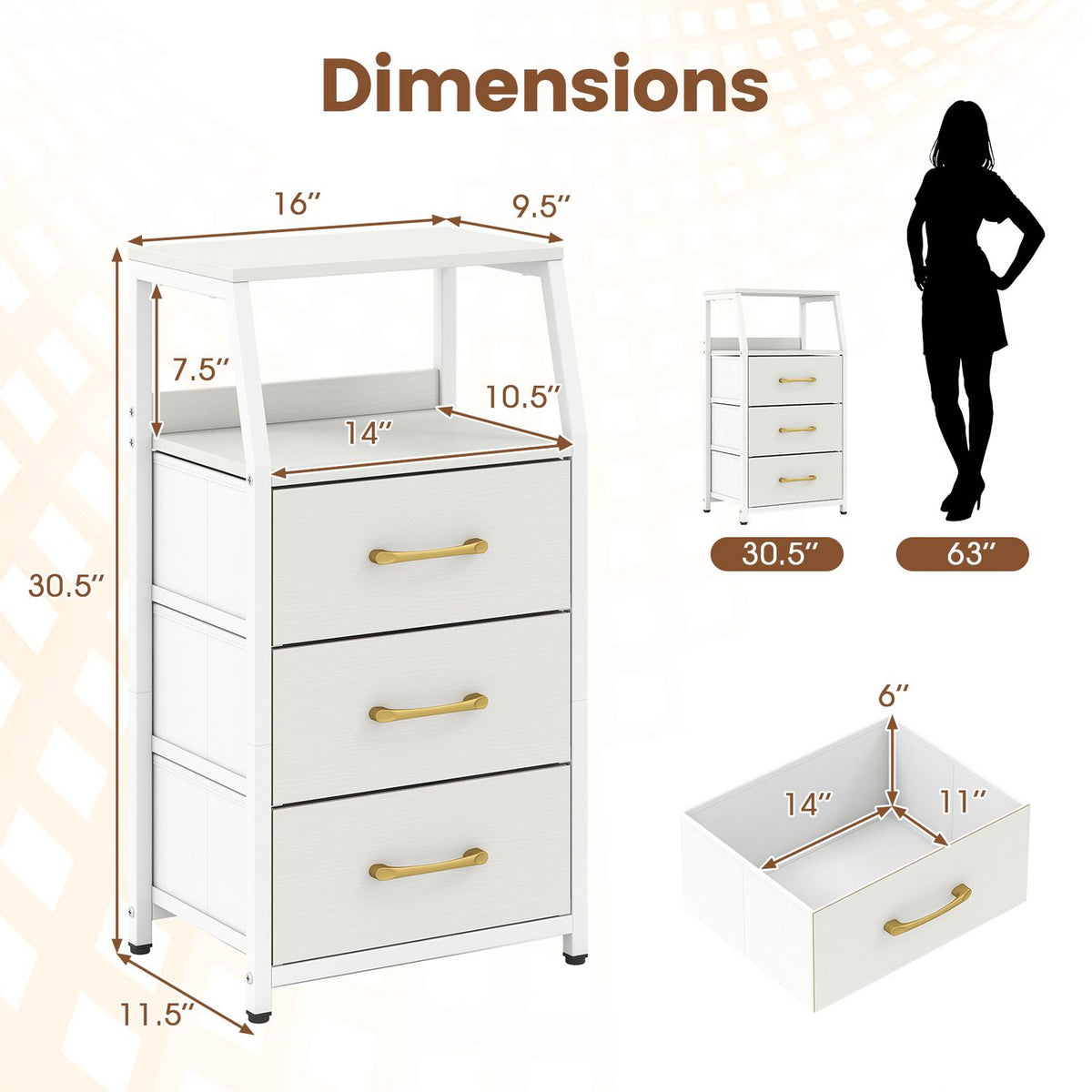 30.5 Inch Tall Nightstand with 3 Fabric Drawers and 2 Spacious Open Shelves