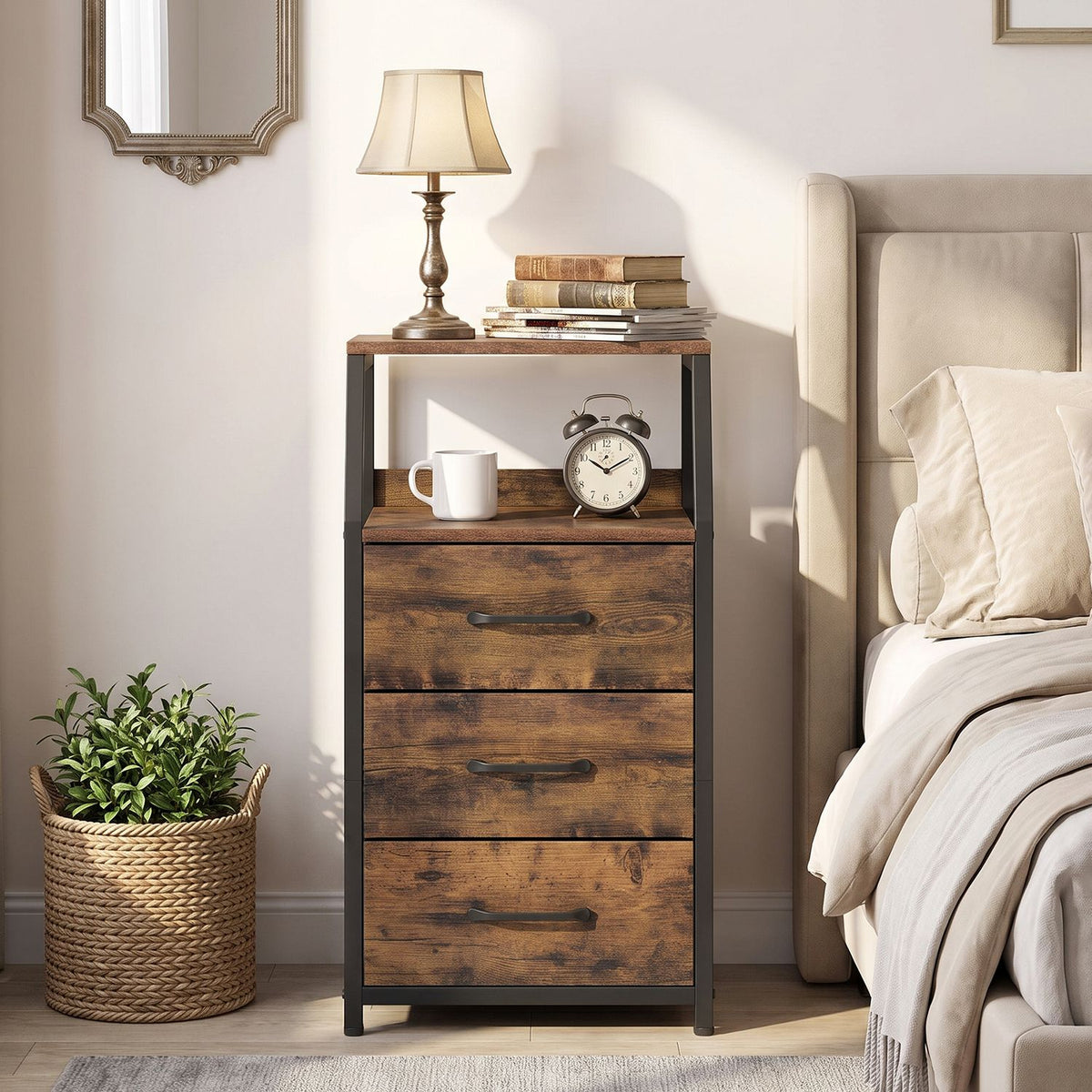 30.5 Inch Tall Nightstand with 3 Fabric Drawers and 2 Spacious Open Shelves