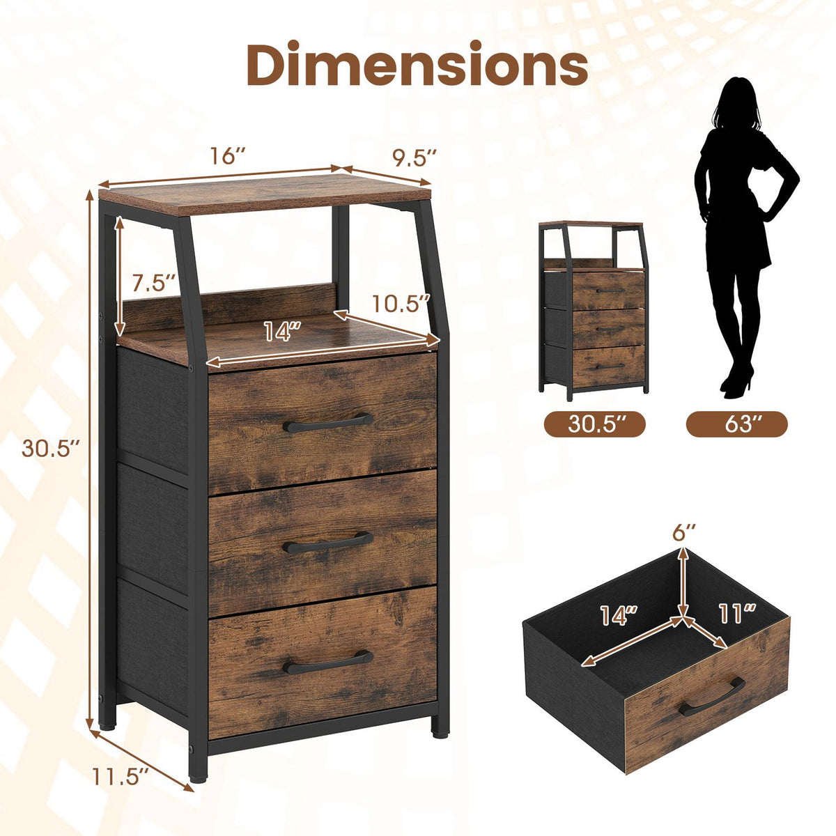 30.5 Inch Tall Nightstand with 3 Fabric Drawers and 2 Spacious Open Shelves