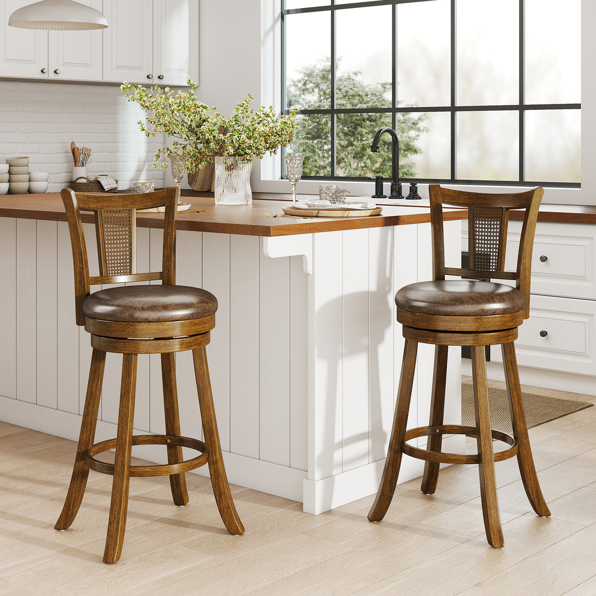 25/30 Inch Set of 2 Bar Stools with PE Rattan Backrest and Rubber Wood Frame