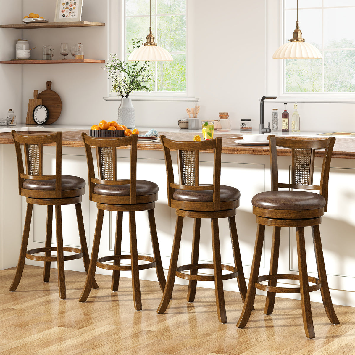 25/30 Inch Set of 2 Bar Stools with PE Rattan Backrest and Rubber Wood Frame