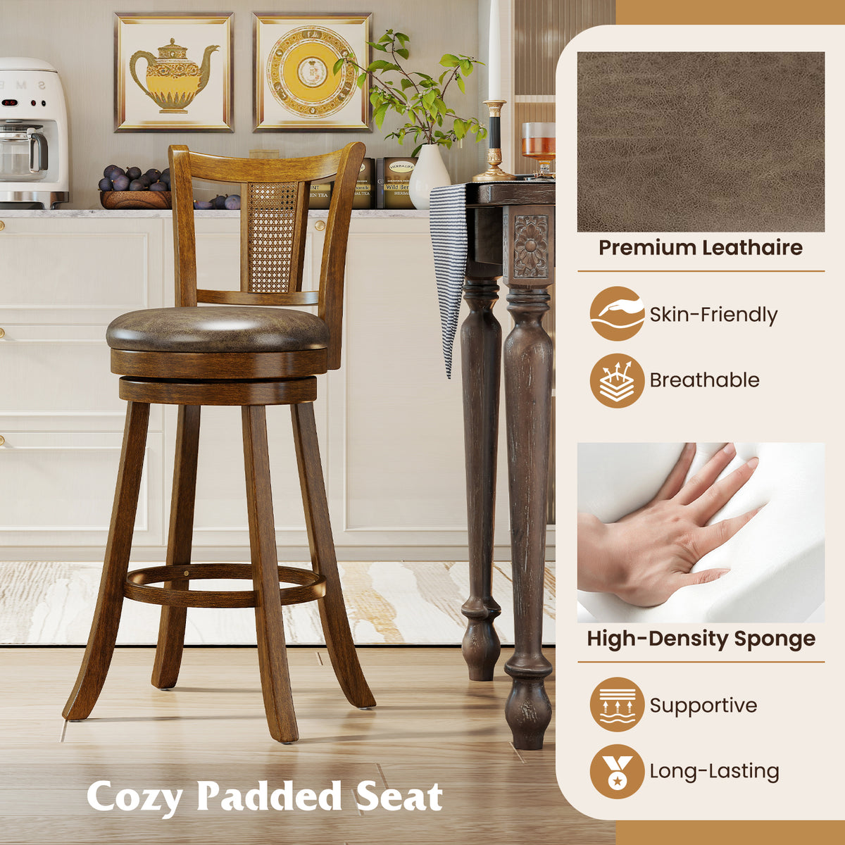25/30 Inch Set of 2 Bar Stools with PE Rattan Backrest and Rubber Wood Frame