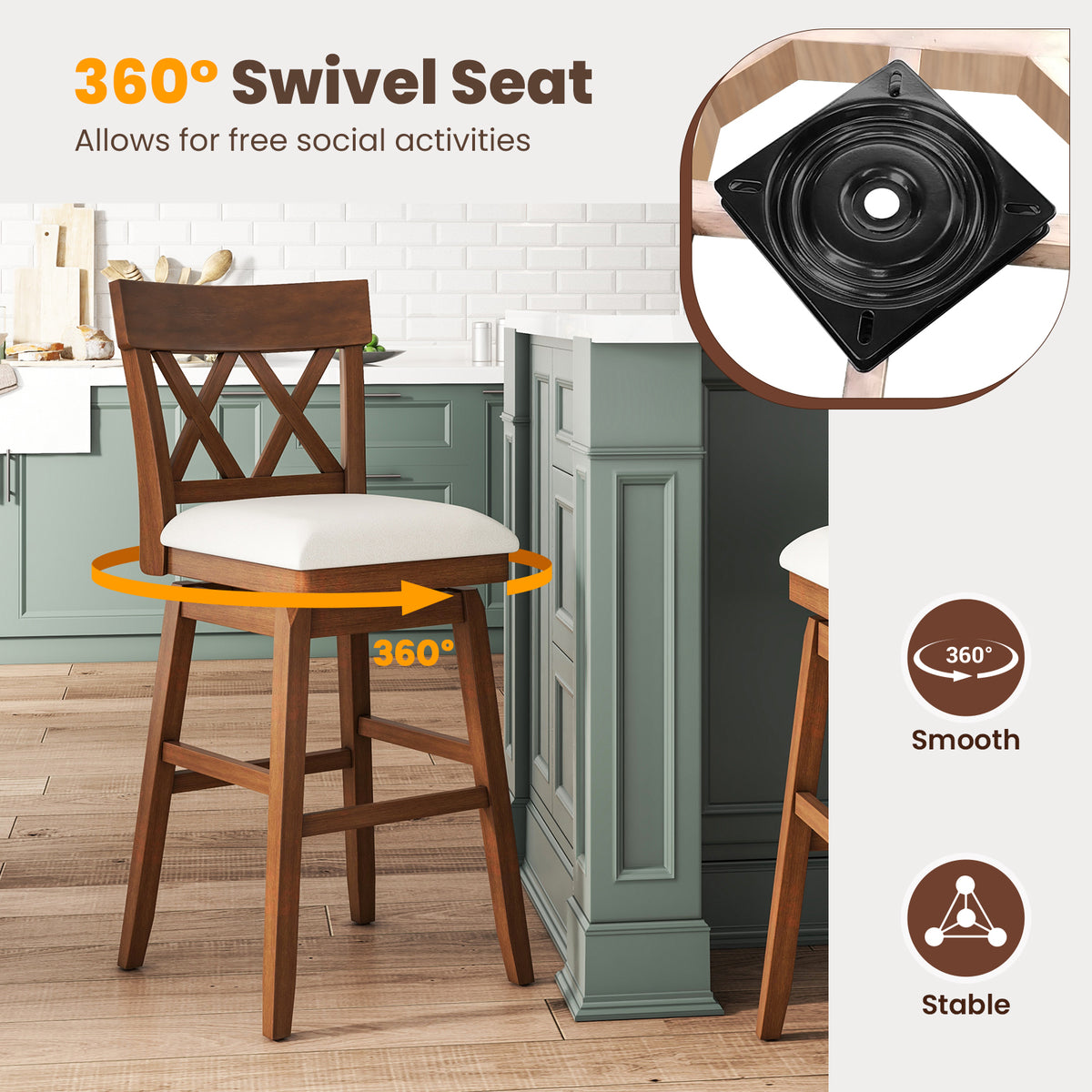 Bar Stool with Contoured Backrest and Swivel Padded Seat
