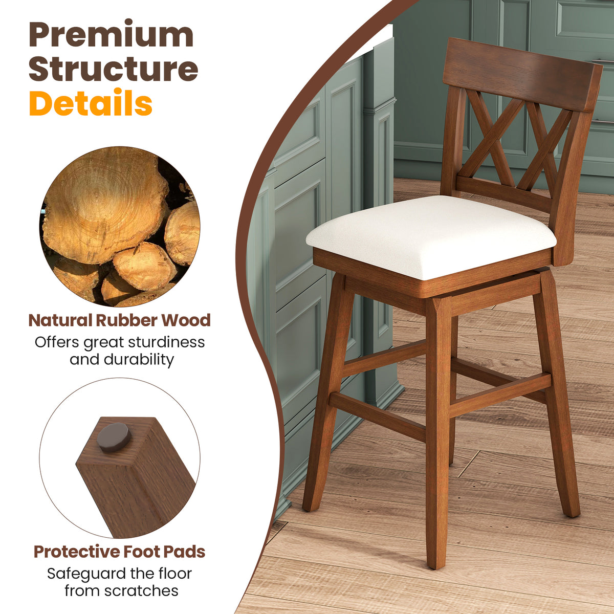Bar Stool with Contoured Backrest and Swivel Padded Seat