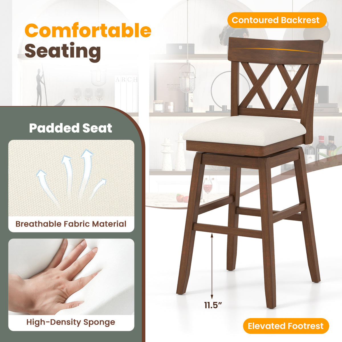 Bar Stool with Contoured Backrest and Swivel Padded Seat