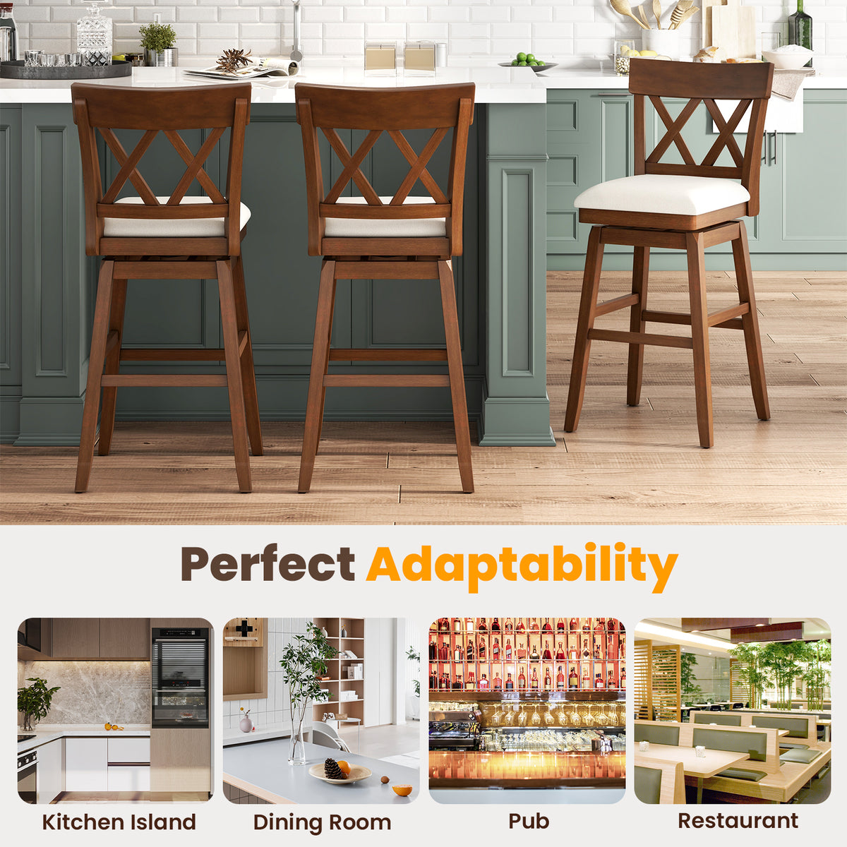 Bar Stool with Contoured Backrest and Swivel Padded Seat