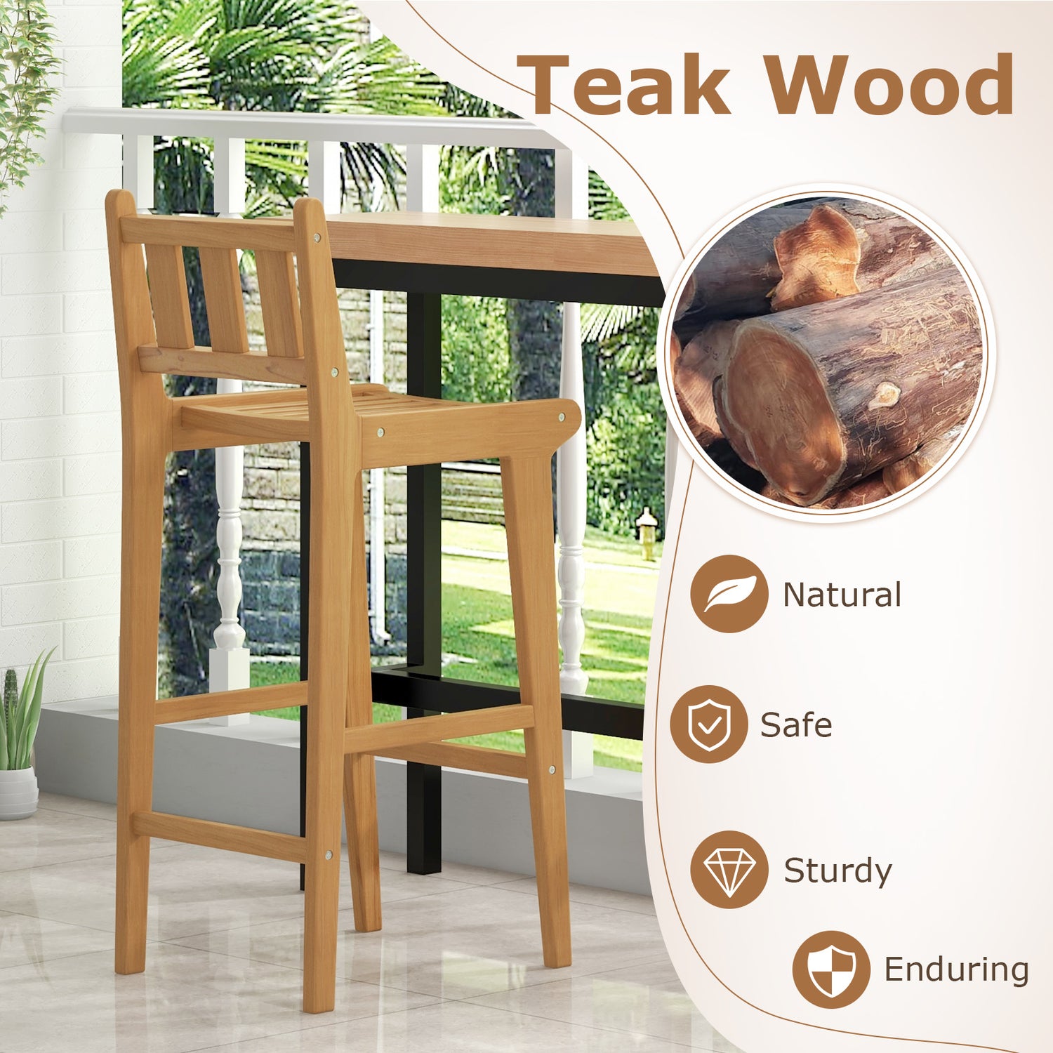 30 Inch Teak Wood Bar Chair with Footrest and Backrest for Deck Poolside Garden