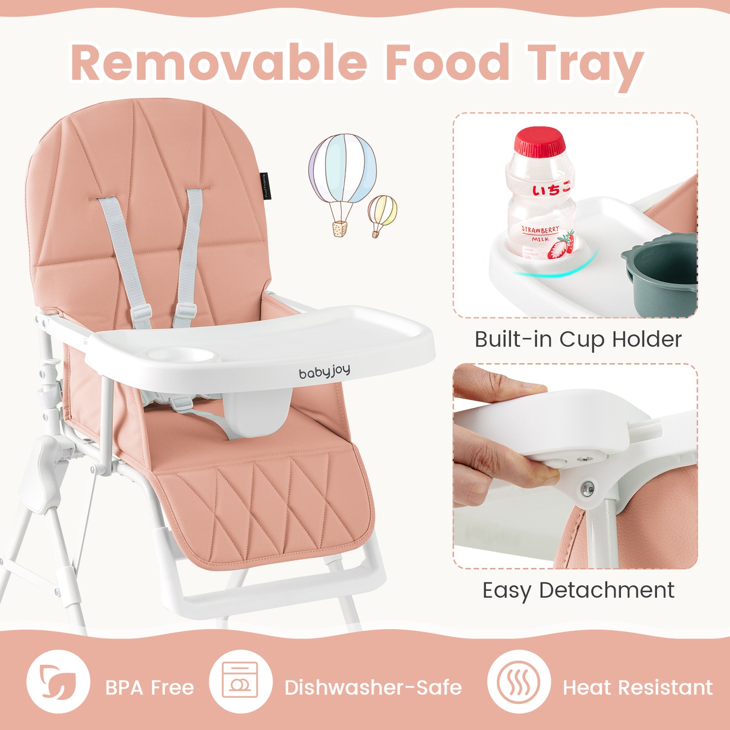 Easy Clean Compact Highchair with Removable Adjustable Tray and PU Seat Cushion