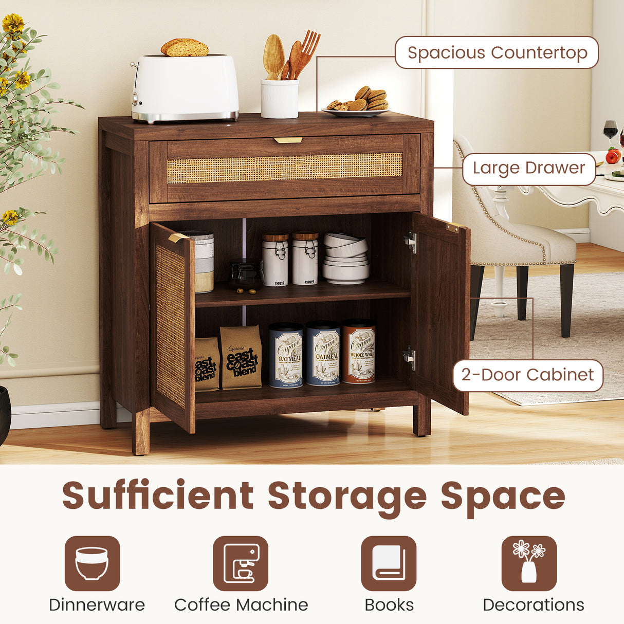 Sideboard Storage Cabinet with Rattan Doors and Drawer-Brown