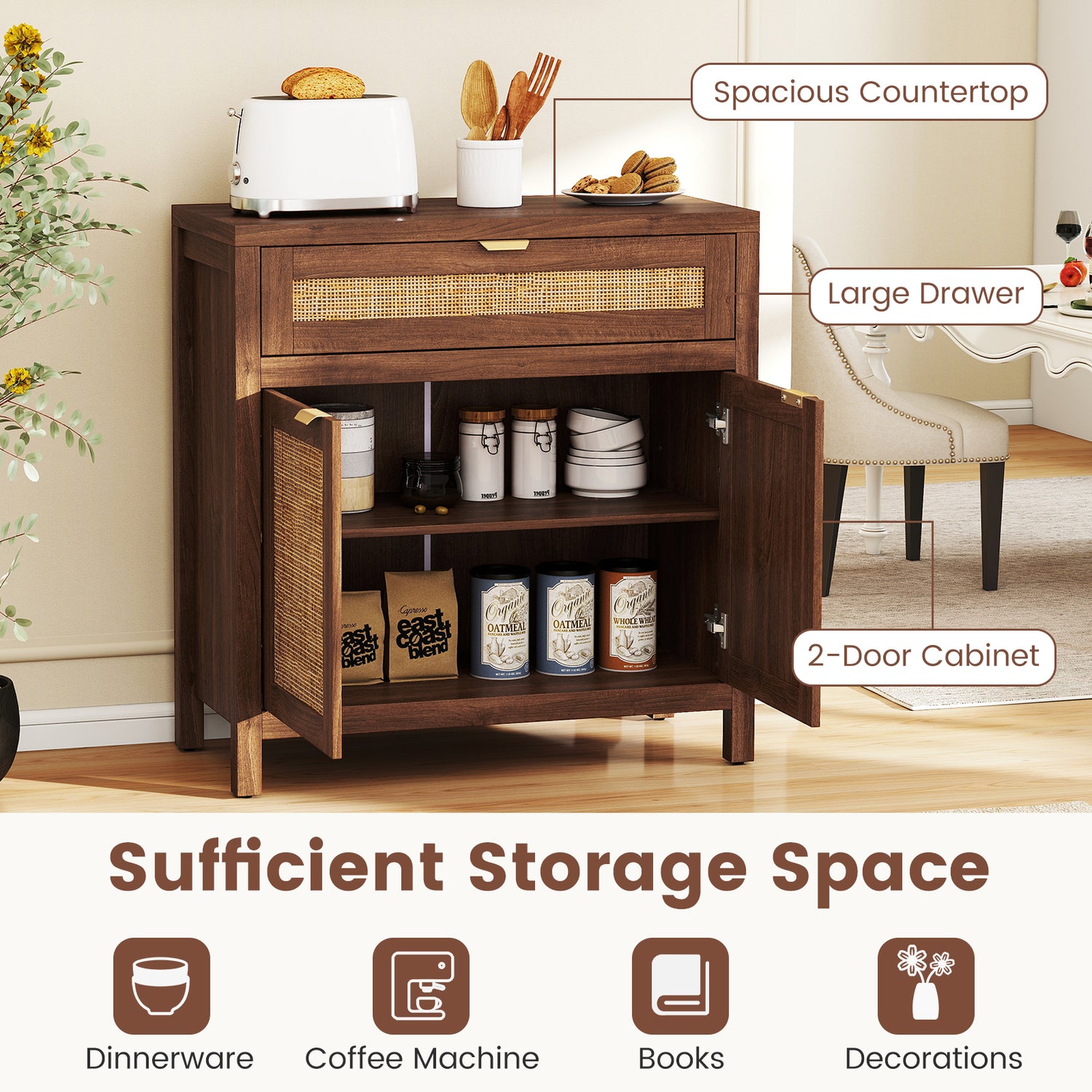 Sideboard Storage Cabinet with Rattan Doors and Drawer-Brown