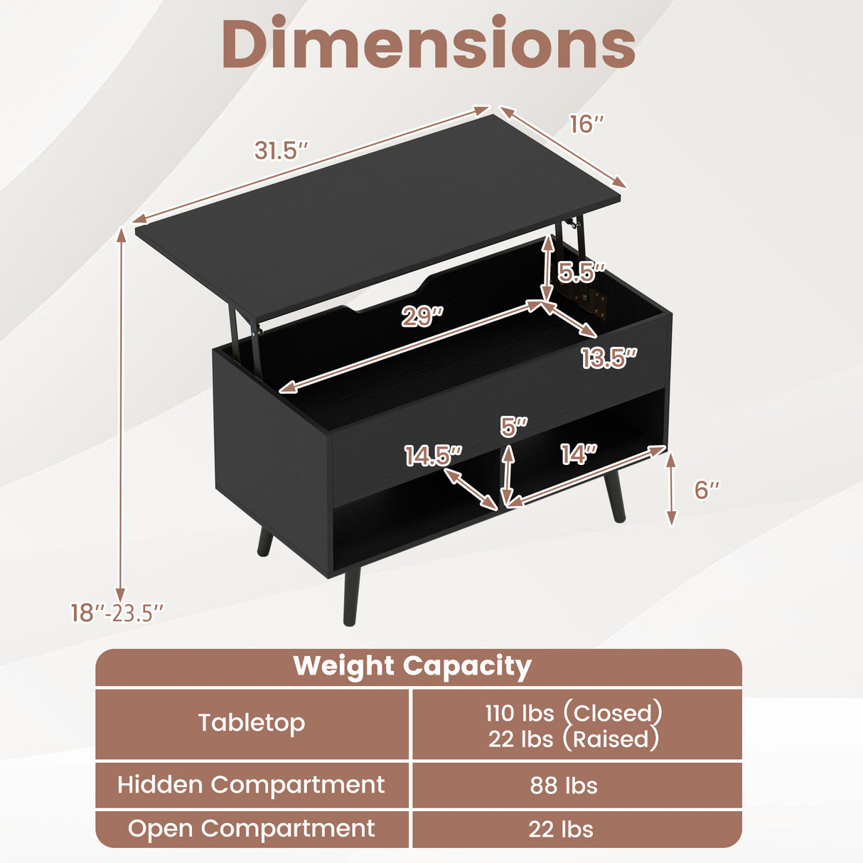 31.5 Inch Lift Top Coffee Table with Hidden Compartment and 2 Storage Shelves