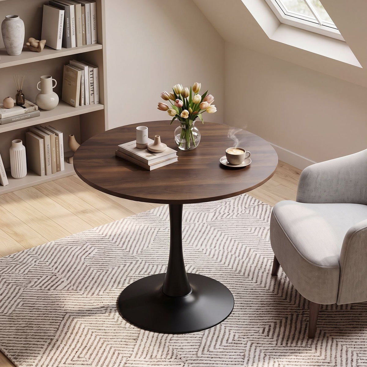 31.5-Inch Tulip Table for 2-4 with Thickened Table and Metal Pedestal for Small Spaces-Walnut