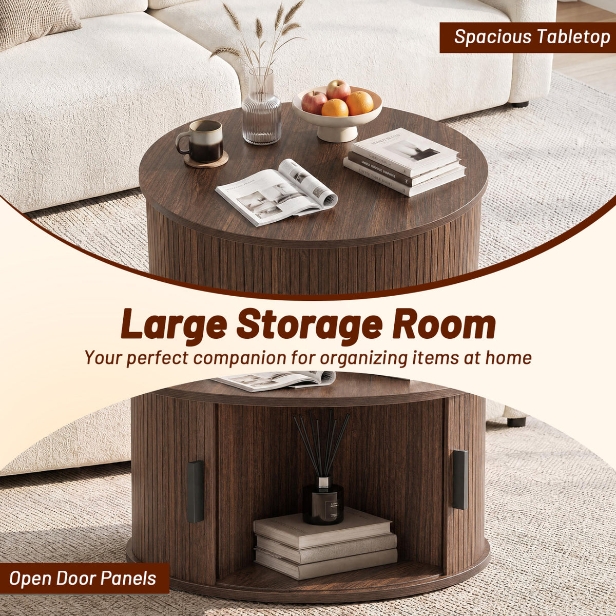 31.5" Round Coffee Table with Storage and Sliding Tambour Door for Living Room