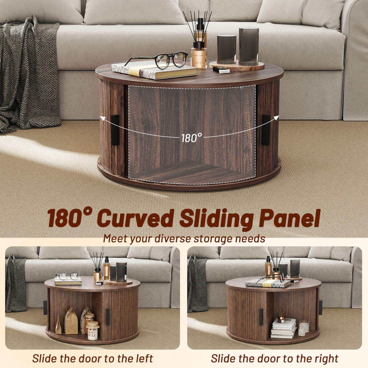 31.5" Round Coffee Table with Storage and Sliding Tambour Door for Living Room