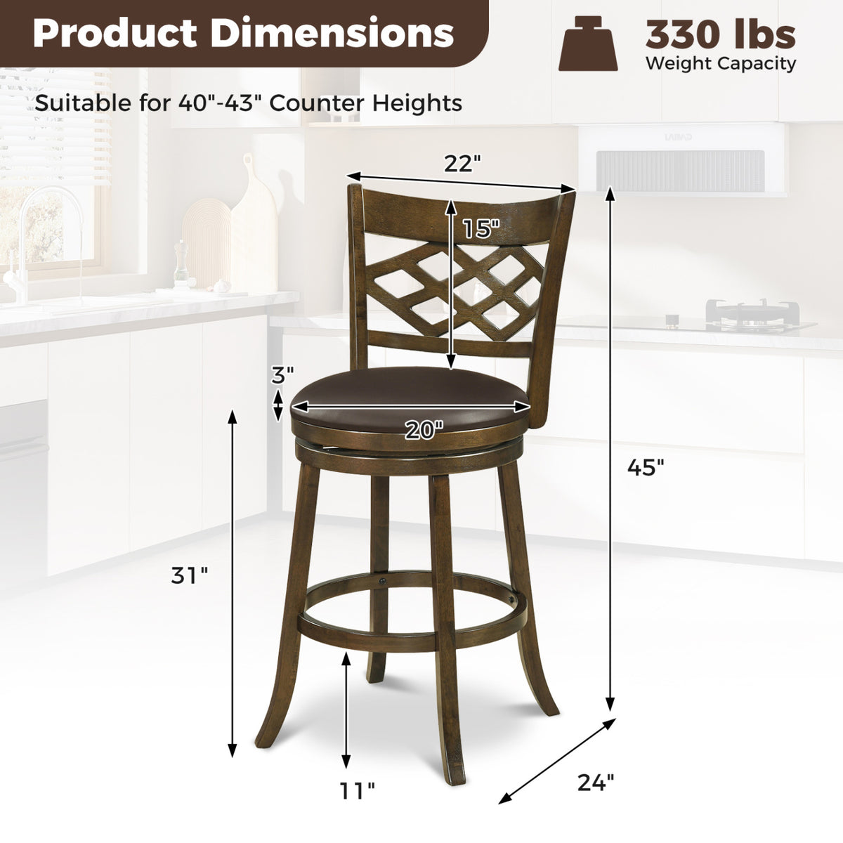 Counter Height Bar Stools Set of 2 with Rubber Wood Frame-26/Frame-31 Inch