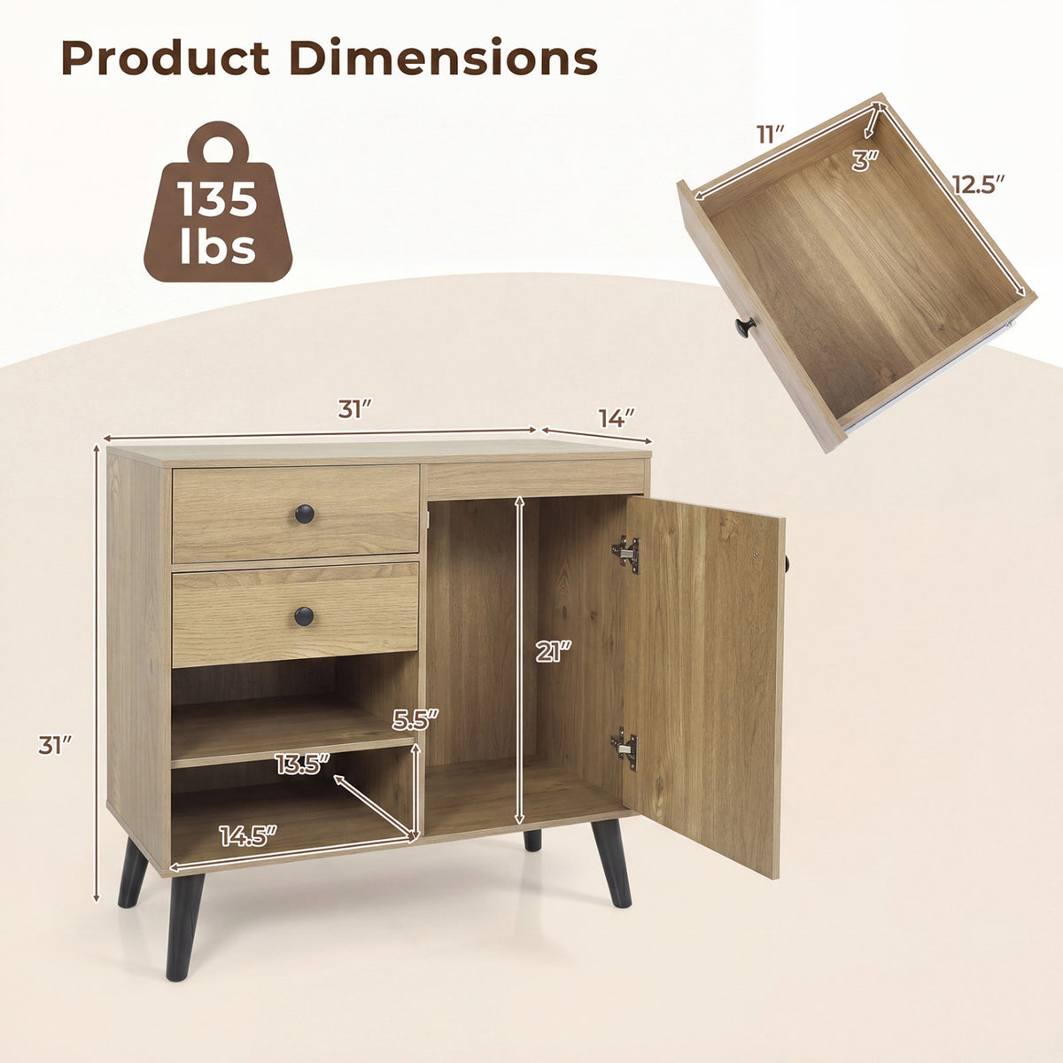 31" Sideboard Cabinet with 2 Open Compartments and 2 Drawers