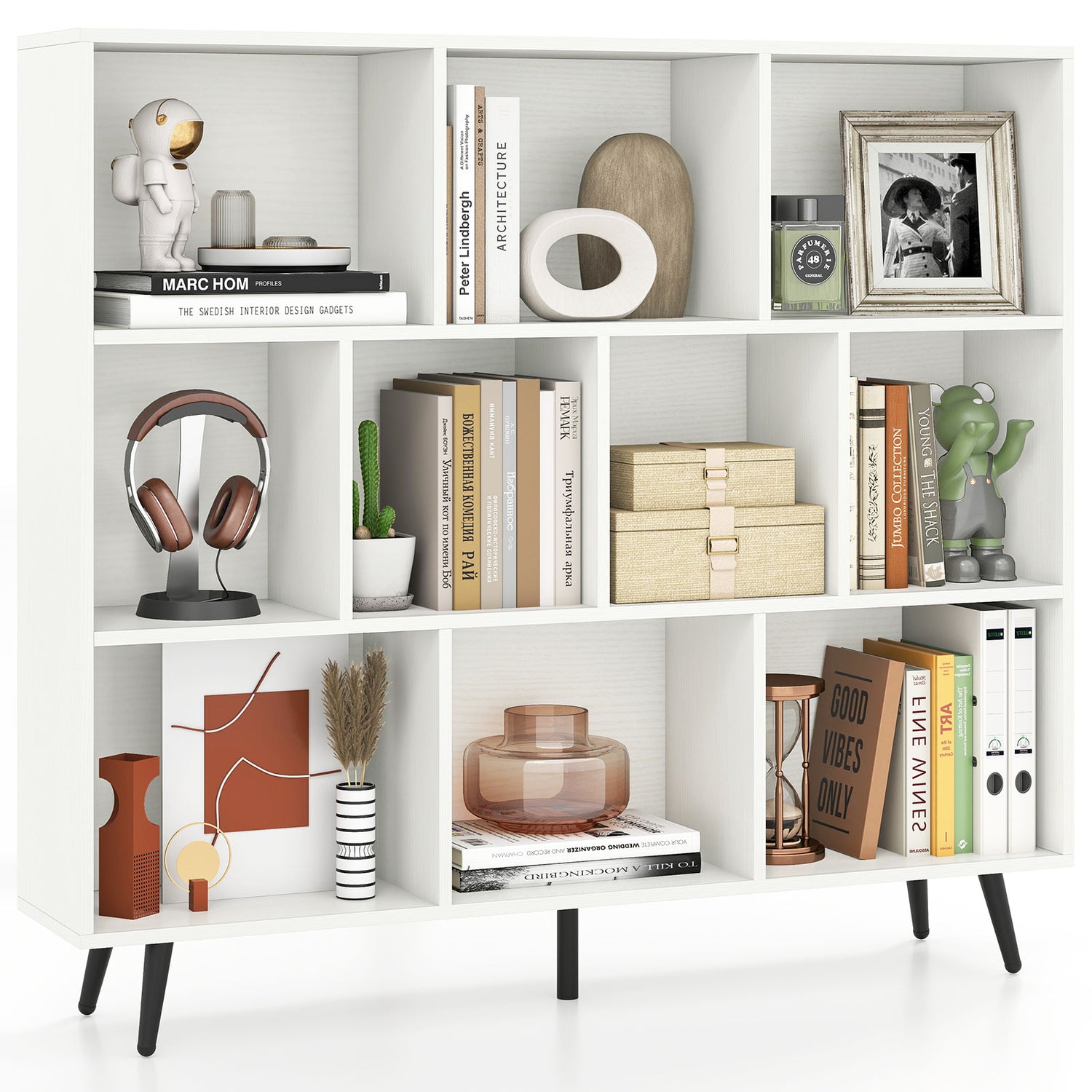 8-Cube Bookcase with 5 Tapered Metal Legs