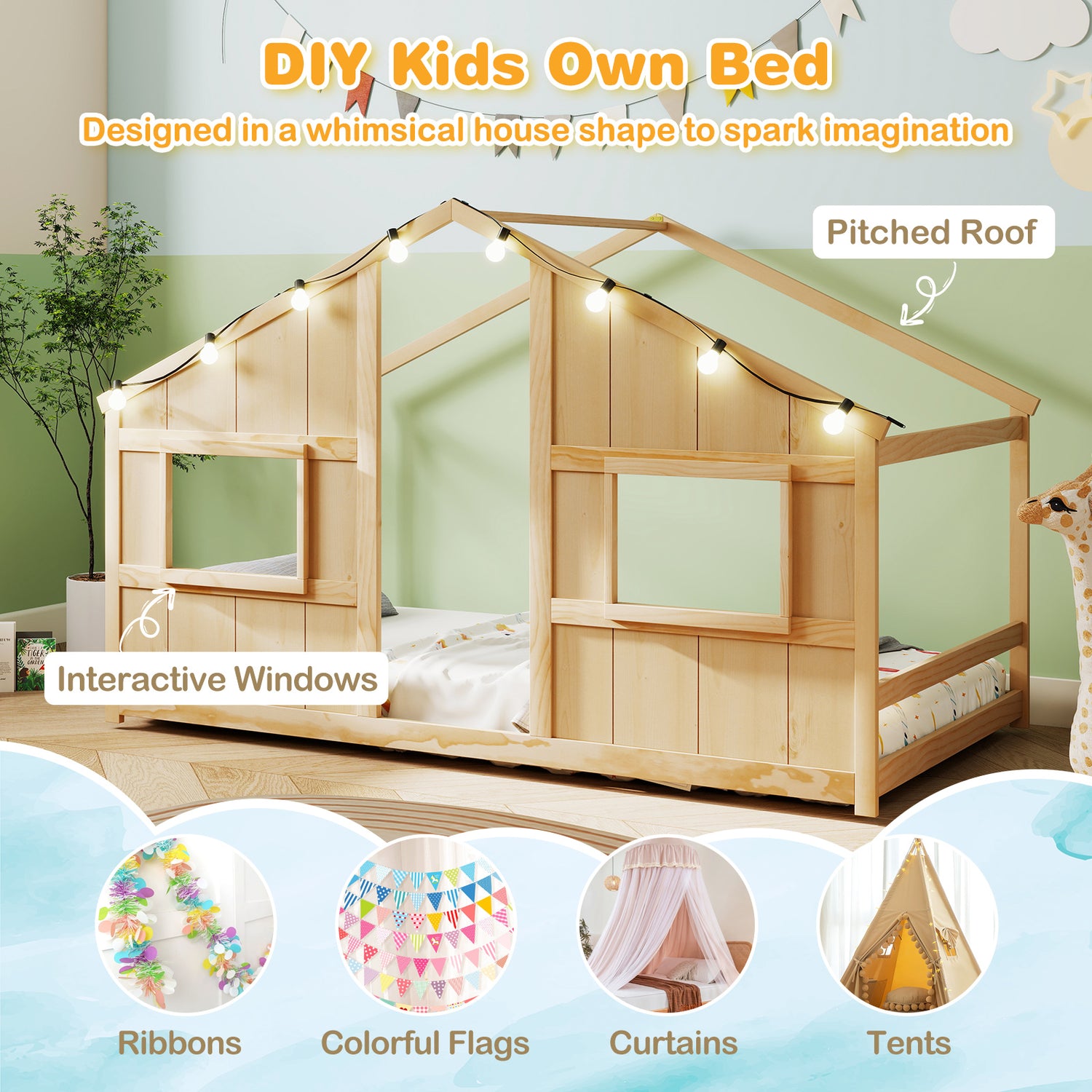 Twin Size House Bed with LED Lights Montessori Slat-free Floor Bed