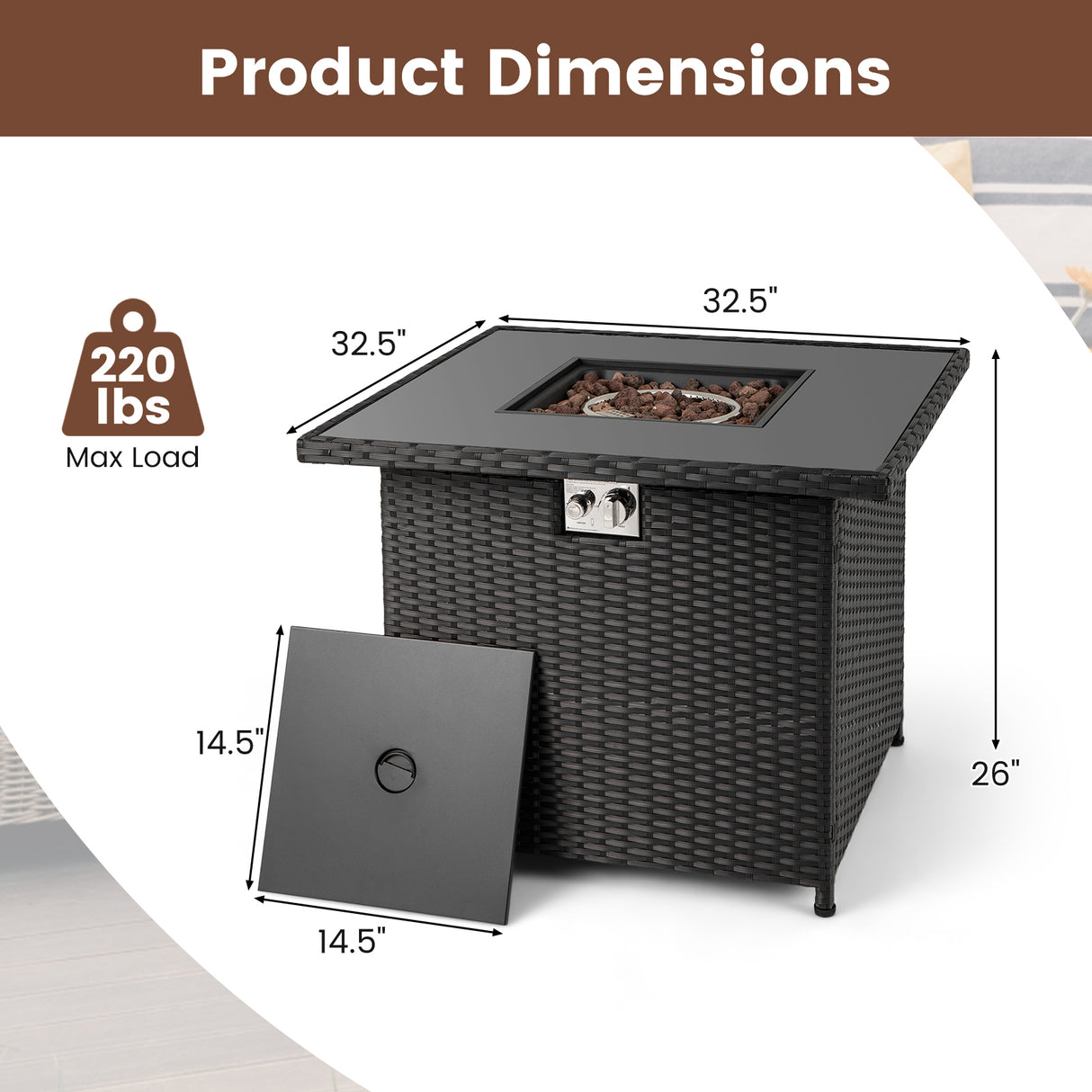 32.5 Inch Propane Fire Pit Table 5000 BTU with Tempered Glass Tabletop