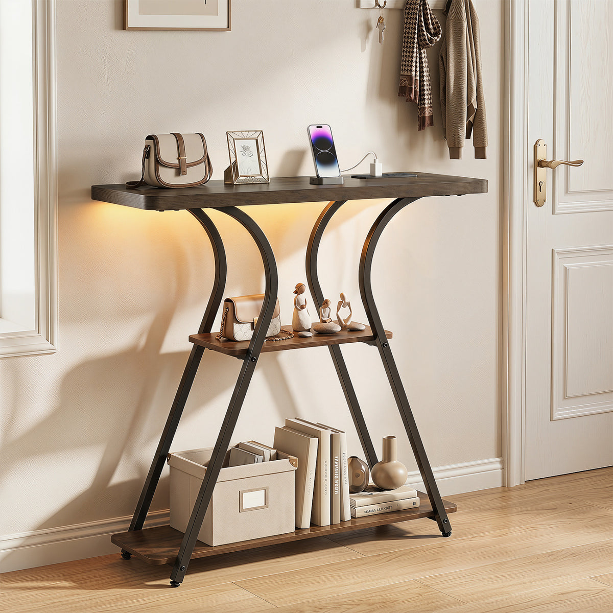 Narrow Long Entryway Table with Power Outlets and LED Lights