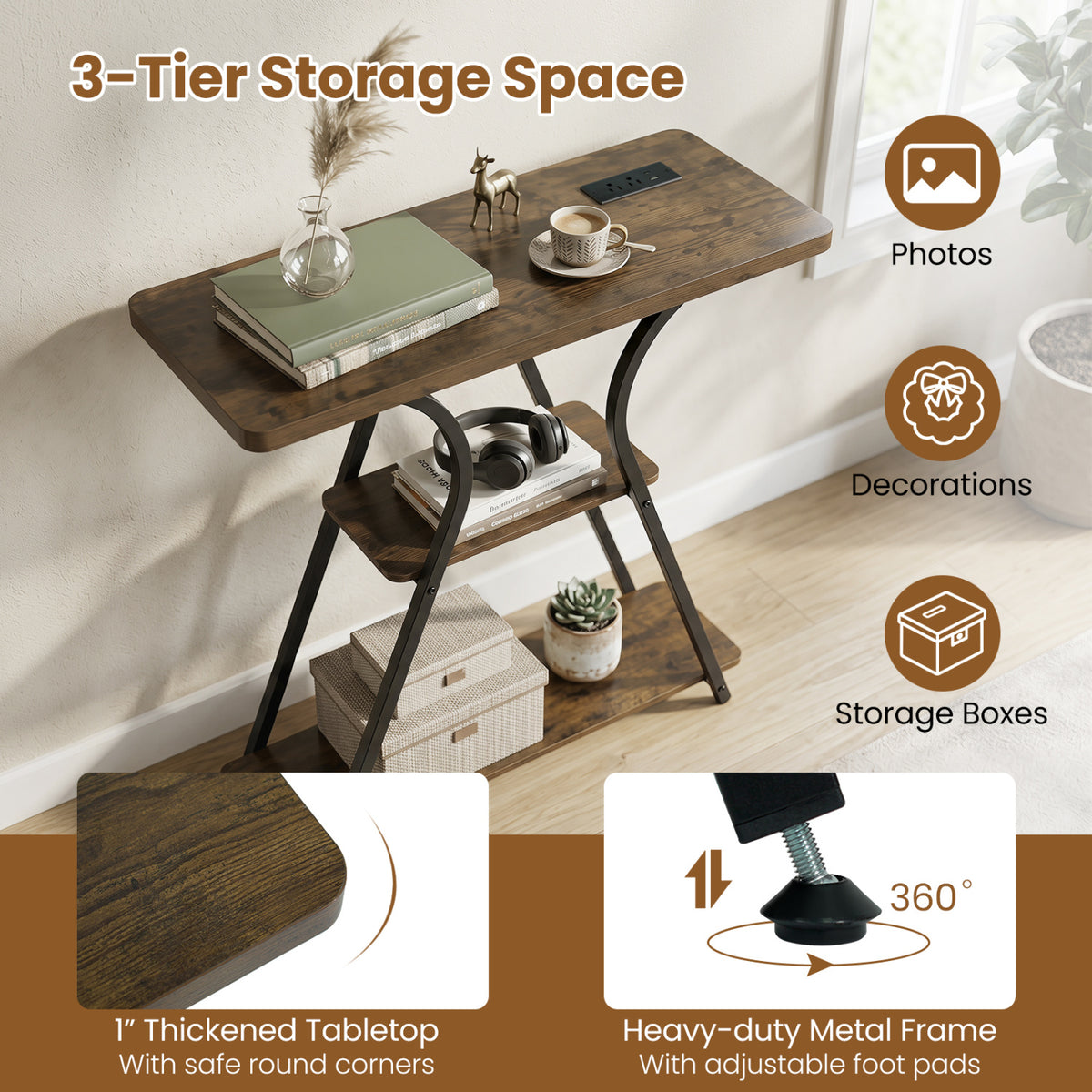 Narrow Long Entryway Table with Power Outlets and LED Lights