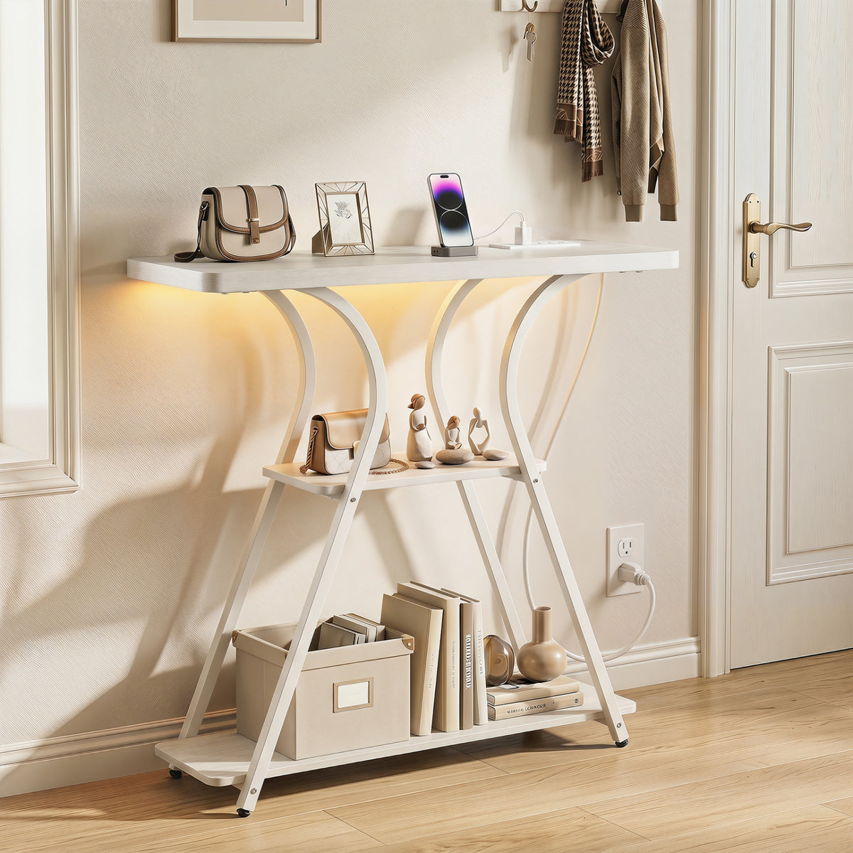 Narrow Long Entryway Table with Power Outlets and LED Lights