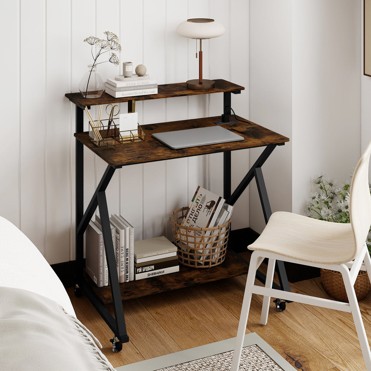 Rolling Computer Desk for Small Spaces with Power Outlets