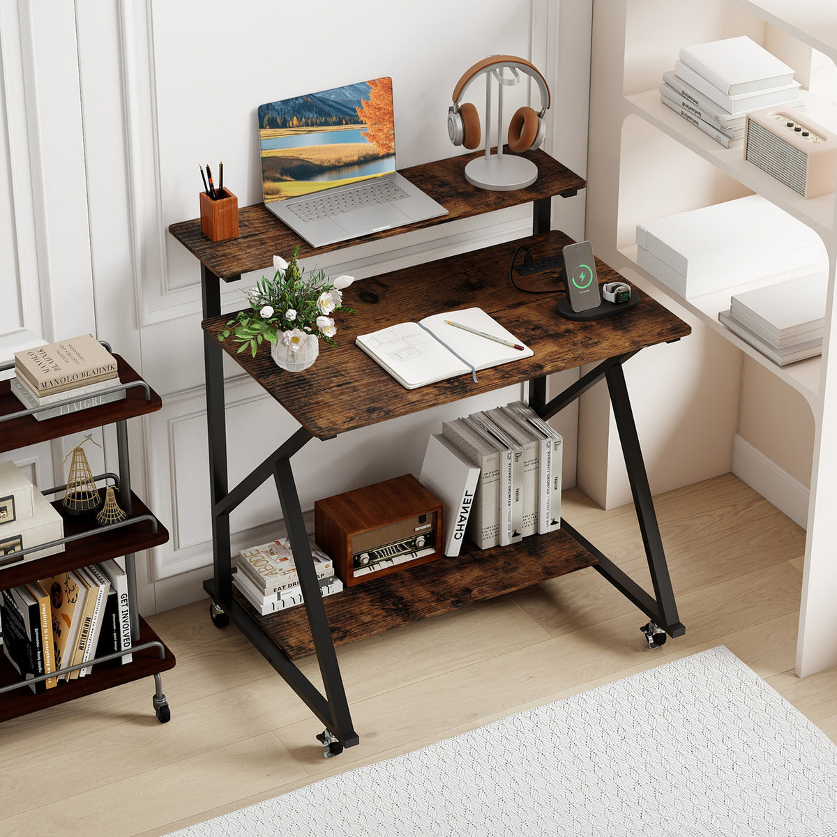 Rolling Computer Desk for Small Spaces with Power Outlets