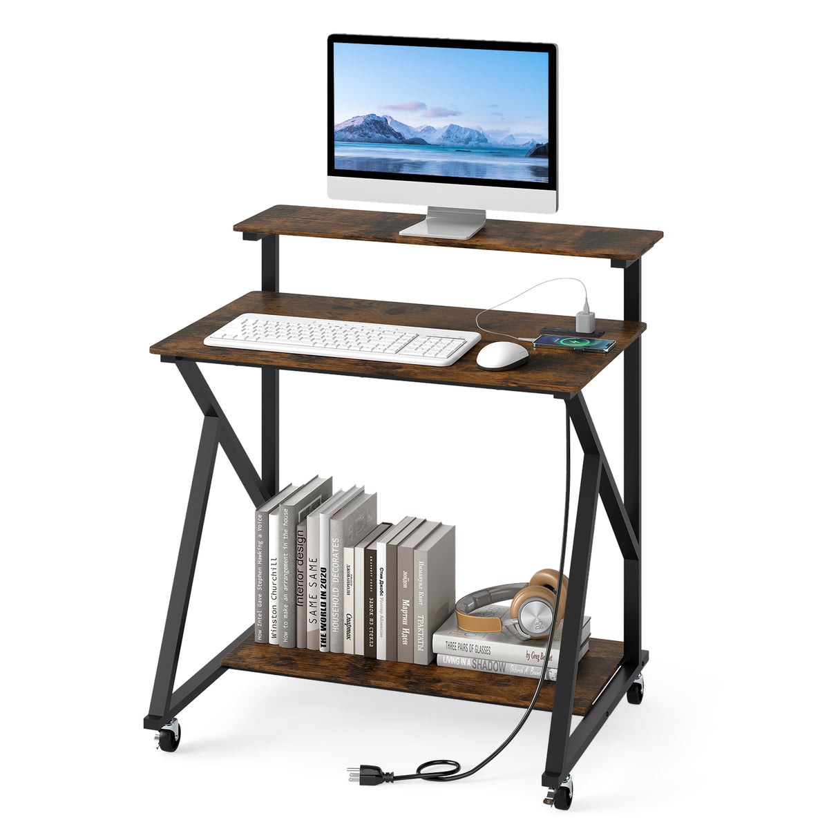 Rolling Computer Desk for Small Spaces with Power Outlets