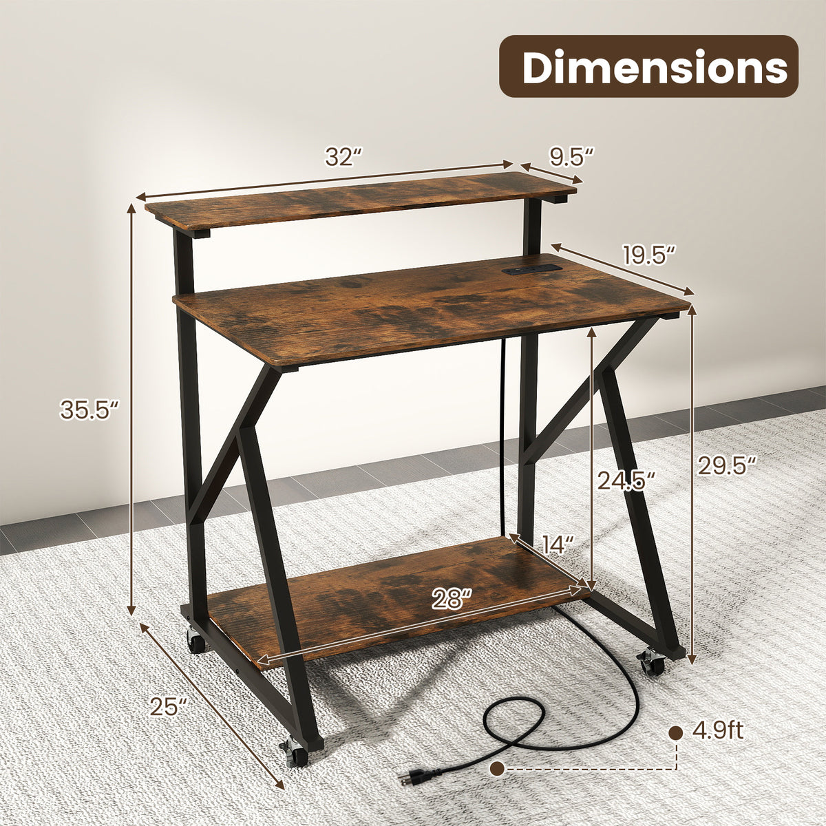 Rolling Computer Desk for Small Spaces with Power Outlets