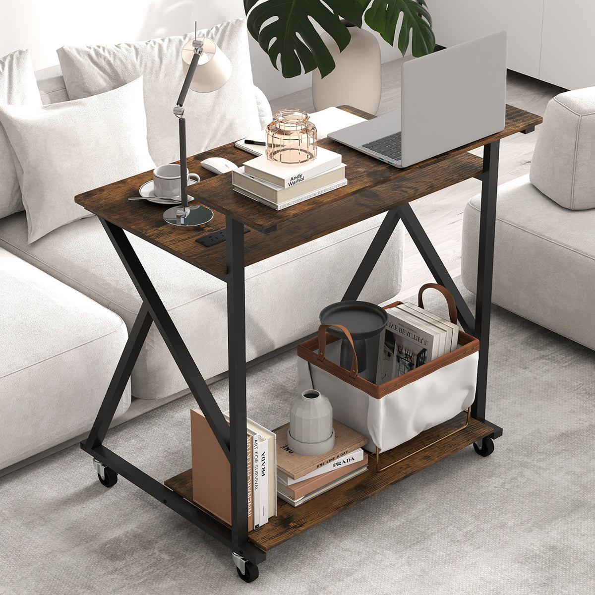 Rolling Computer Desk for Small Spaces with Power Outlets