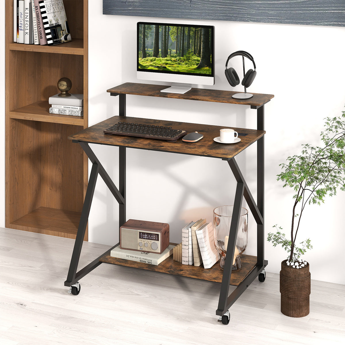 Rolling Computer Desk for Small Spaces with Power Outlets