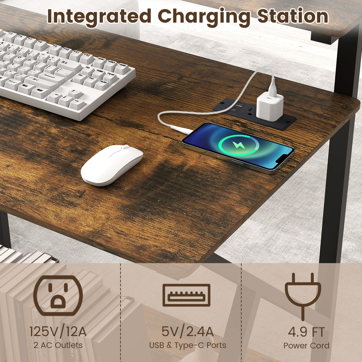Rolling Computer Desk for Small Spaces with Power Outlets