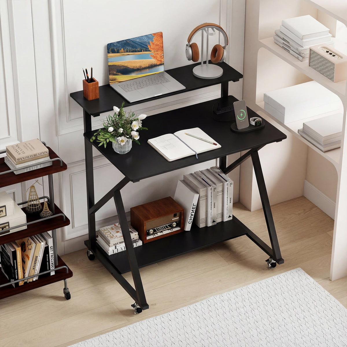 Rolling Computer Desk for Small Spaces with Power Outlets