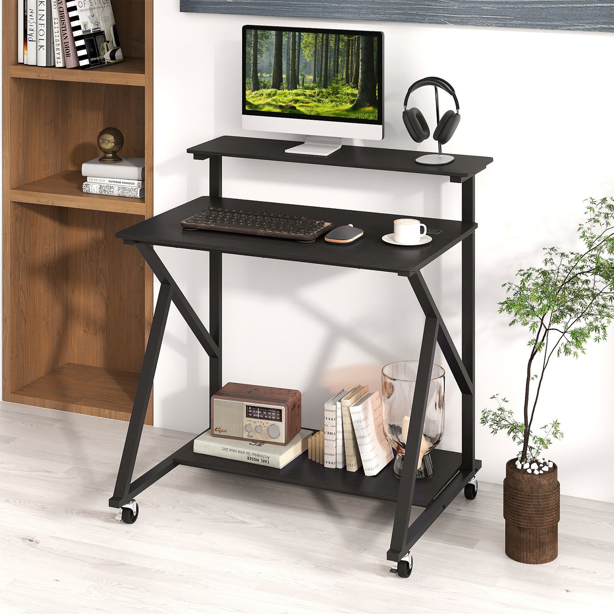 Rolling Computer Desk for Small Spaces with Power Outlets
