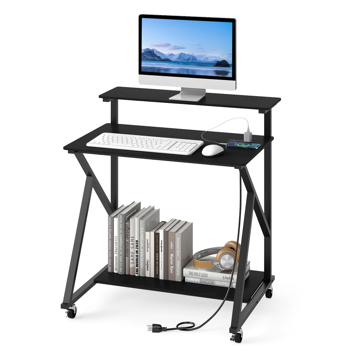 Rolling Computer Desk for Small Spaces with Power Outlets
