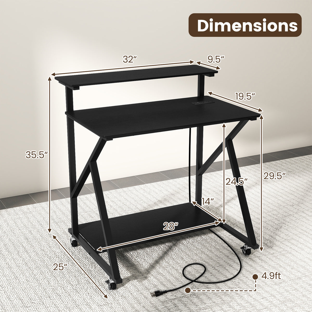 Rolling Computer Desk for Small Spaces with Power Outlets