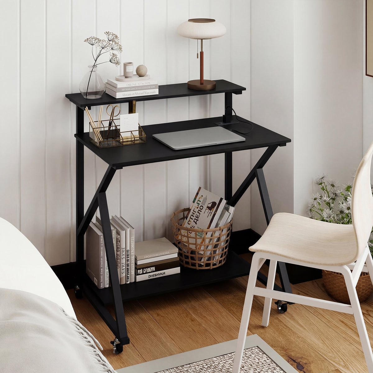 Rolling Computer Desk for Small Spaces with Power Outlets