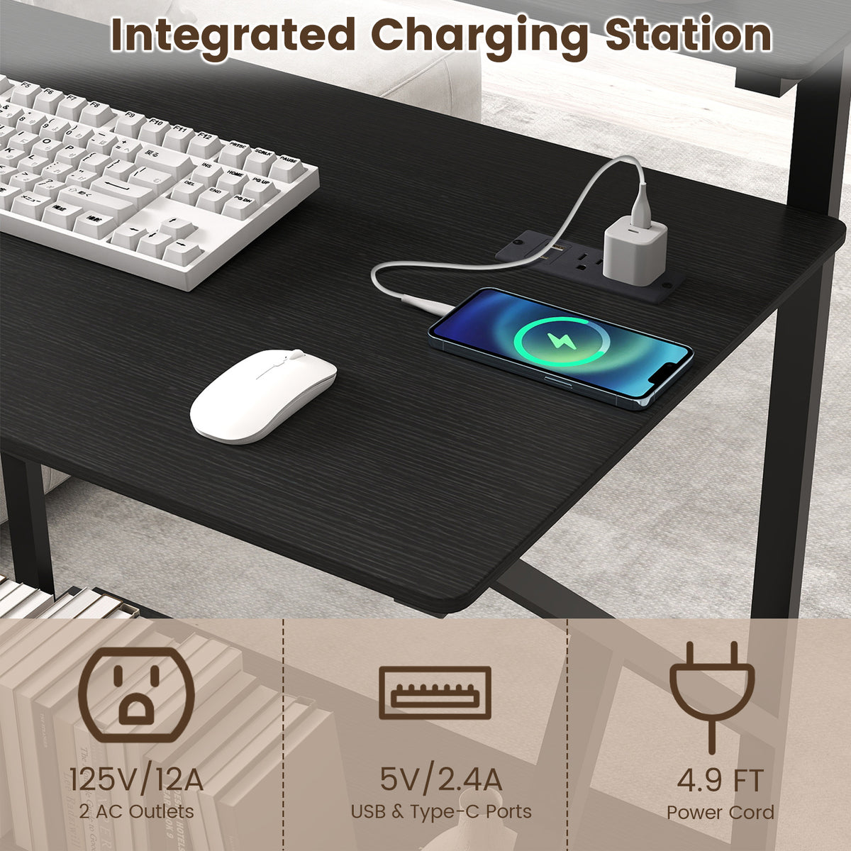 Rolling Computer Desk for Small Spaces with Power Outlets