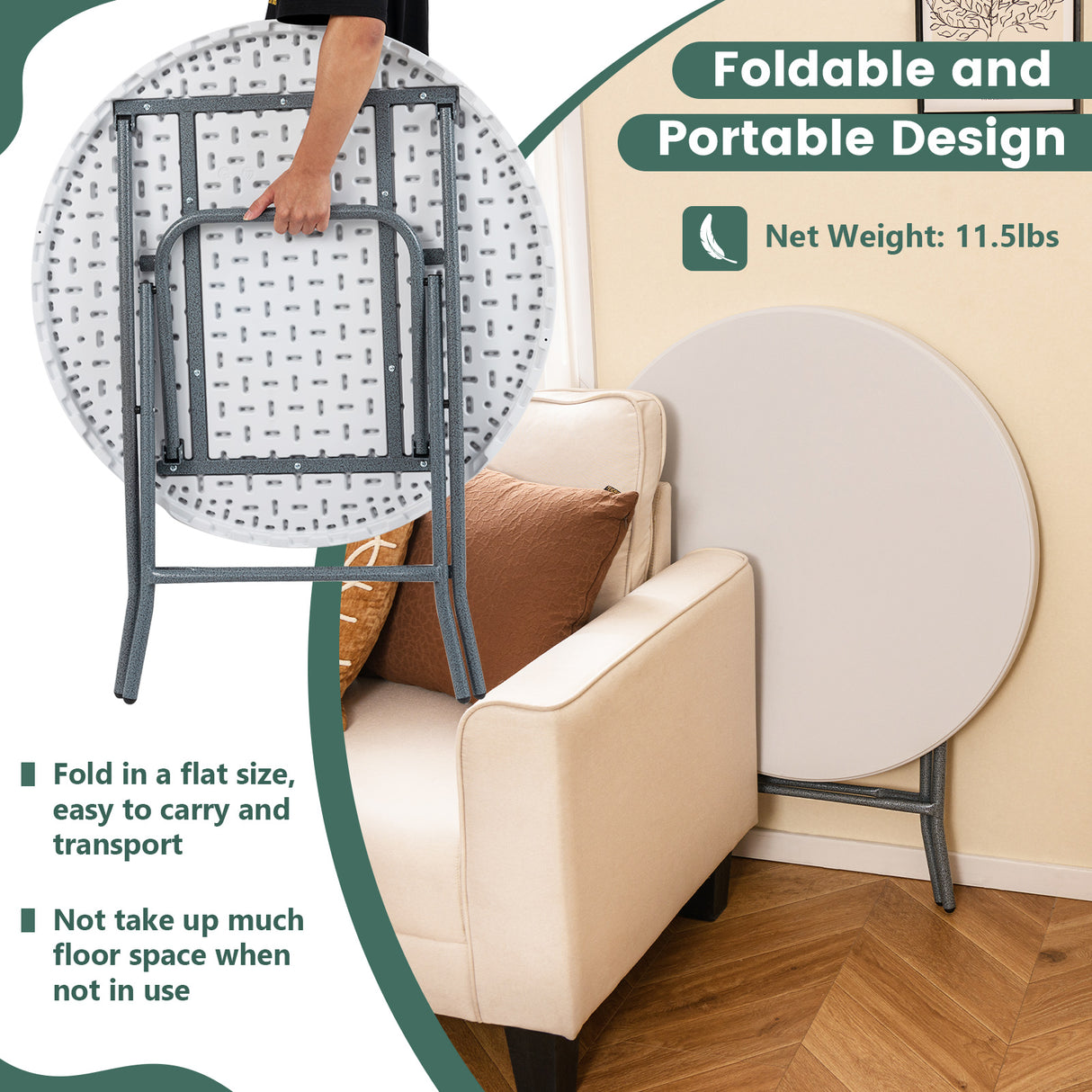 32 Inch Round Folding Table with Thick Tabletop for Picnic